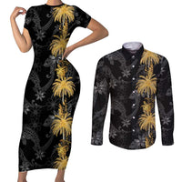 Hawaiian Honu And Surfboards Couples Matching Short Sleeve Bodycon Dress and Long Sleeve Button Shirt Gold Style - Polynesian Pride