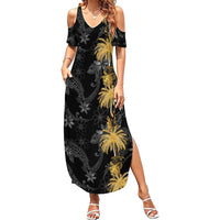 Hawaiian Honu And Surfboards Family Matching Summer Maxi Dress and Hawaiian Shirt Gold Style - Polynesian Pride