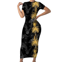 Hawaiian Honu And Surfboards Short Sleeve Bodycon Dress Gold Style - Polynesian Pride