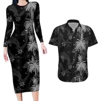 Hawaiian Honu And Surfboards Couples Matching Long Sleeve Bodycon Dress and Hawaiian Shirt Silver Style - Polynesian Pride