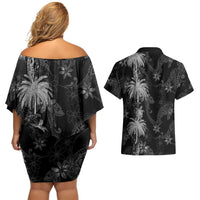 Hawaiian Honu And Surfboards Couples Matching Off Shoulder Short Dress and Hawaiian Shirt Silver Style - Polynesian Pride