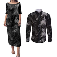 Hawaiian Honu And Surfboards Couples Matching Puletasi and Long Sleeve Button Shirt Silver Style - Polynesian Pride