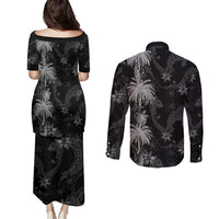 Hawaiian Honu And Surfboards Couples Matching Puletasi and Long Sleeve Button Shirt Silver Style - Polynesian Pride