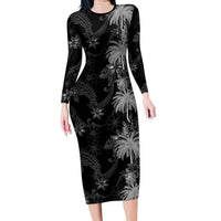 Hawaiian Honu And Surfboards Long Sleeve Bodycon Dress Silver Style LT05 Long Dress Silver - Polynesian Pride