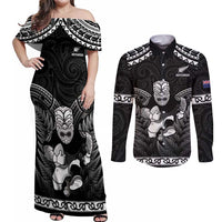 Custom New Zealand Maori Tiki Rugby Couples Matching Off Shoulder Maxi Dress and Long Sleeve Button Shirt Go Aotearoa Maori Pattern LT05 Black - Polynesian Pride
