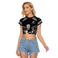 Custom New Zealand Maori Tiki Rugby Raglan Cropped T Shirt Go Aotearoa Maori Pattern LT05 Female Black - Polynesian Pride