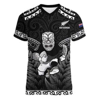 Custom New Zealand Maori Tiki Rugby Women V-Neck T-Shirt Go Aotearoa Maori Pattern LT05 Female Black - Polynesian Pride