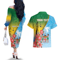 Personalised Malampa Fiji Day Couples Matching Off The Shoulder Long Sleeve Dress and Hawaiian Shirt Tribal Pattern With Tropical Flowers - Polynesian Pride