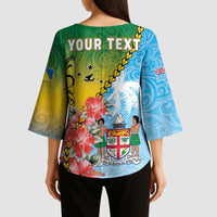 Personalised Malampa Fiji Day Kimono Sleeve Blouse Tribal Pattern With Tropical Flowers - Polynesian Pride