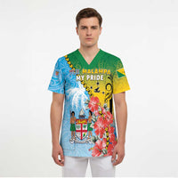 Personalised Malampa Fiji Day Scrub Top Tribal Pattern With Tropical Flowers - Polynesian Pride