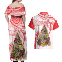 Personalized Happy Boxing Day Couples Matching Off Shoulder Maxi Dress and Hawaiian Shirt Polynesian Gift Boxes Christmas Tree LT05 - Polynesian Pride