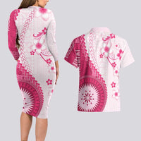 Bula Fiji Couples Matching Long Sleeve Bodycon Dress and Hawaiian Shirt Pink Plumeria Masi Tapa Pattern - Polynesian Pride