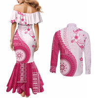 Bula Fiji Couples Matching Mermaid Dress and Long Sleeve Button Shirt Pink Plumeria Masi Tapa Pattern - Polynesian Pride