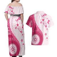 Bula Fiji Couples Matching Off Shoulder Maxi Dress and Hawaiian Shirt Pink Plumeria Masi Tapa Pattern LT05 - Polynesian Pride