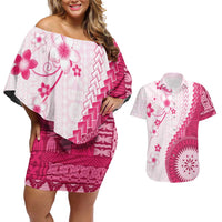 Bula Fiji Couples Matching Off Shoulder Short Dress and Hawaiian Shirt Pink Plumeria Masi Tapa Pattern LT05 Pink - Polynesian Pride