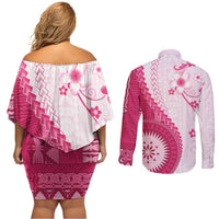 Bula Fiji Couples Matching Off Shoulder Short Dress and Long Sleeve Button Shirt Pink Plumeria Masi Tapa Pattern - Polynesian Pride