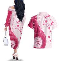 Bula Fiji Couples Matching Off The Shoulder Long Sleeve Dress and Hawaiian Shirt Pink Plumeria Masi Tapa Pattern LT05 - Polynesian Pride