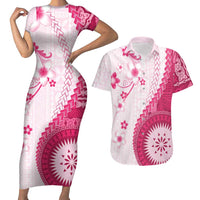 Bula Fiji Couples Matching Short Sleeve Bodycon Dress and Hawaiian Shirt Pink Plumeria Masi Tapa Pattern LT05 Pink - Polynesian Pride