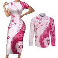 Bula Fiji Couples Matching Short Sleeve Bodycon Dress and Long Sleeve Button Shirt Pink Plumeria Masi Tapa Pattern - Polynesian Pride