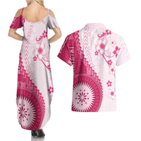 Bula Fiji Couples Matching Summer Maxi Dress and Hawaiian Shirt Pink Plumeria Masi Tapa Pattern LT05 - Polynesian Pride