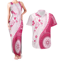 Bula Fiji Couples Matching Tank Maxi Dress and Hawaiian Shirt Pink Plumeria Masi Tapa Pattern - Polynesian Pride