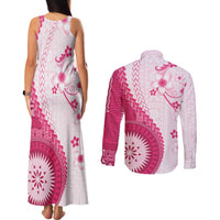 Bula Fiji Couples Matching Tank Maxi Dress and Long Sleeve Button Shirt Pink Plumeria Masi Tapa Pattern - Polynesian Pride