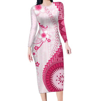 Bula Fiji Family Matching Long Sleeve Bodycon Dress and Hawaiian Shirt Pink Plumeria Masi Tapa Pattern - Polynesian Pride