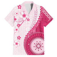 Bula Fiji Family Matching Off The Shoulder Long Sleeve Dress and Hawaiian Shirt Pink Plumeria Masi Tapa Pattern - Polynesian Pride