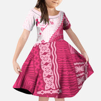 Bula Fiji Family Matching Puletasi and Hawaiian Shirt Pink Plumeria Masi Tapa Pattern LT05 Daughter's Dress Pink - Polynesian Pride