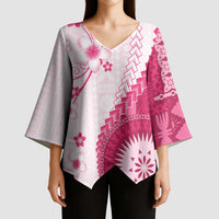 Bula Fiji Kimono Sleeve Blouse Pink Plumeria Masi Tapa Pattern - Polynesian Pride