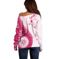 Bula Fiji Off Shoulder Sweater Pink Plumeria Masi Tapa Pattern LT05 - Polynesian Pride