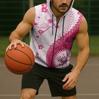 Bula Fiji Sleeveless Zip Hoodie Pink Plumeria Masi Tapa Pattern - Polynesian Pride