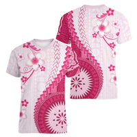 Bula Fiji Women V-Neck T-Shirt Pink Plumeria Masi Tapa Pattern - Polynesian Pride