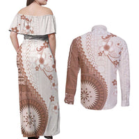 Bula Fiji Couples Matching Off Shoulder Maxi Dress and Long Sleeve Button Shirt Brown Plumeria Masi Tapa Pattern - Polynesian Pride