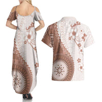 Bula Fiji Couples Matching Summer Maxi Dress and Hawaiian Shirt Brown Plumeria Masi Tapa Pattern LT05 - Polynesian Pride