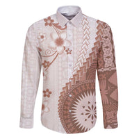 Bula Fiji Family Matching Long Sleeve Bodycon Dress and Hawaiian Shirt Brown Plumeria Masi Tapa Pattern - Polynesian Pride