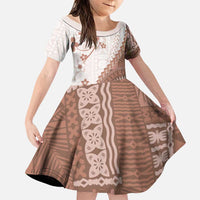 Bula Fiji Family Matching Mermaid Dress and Hawaiian Shirt Brown Plumeria Masi Tapa Pattern LT05 Daughter's Dress Brown - Polynesian Pride