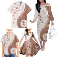 Bula Fiji Family Matching Off The Shoulder Long Sleeve Dress and Hawaiian Shirt Brown Plumeria Masi Tapa Pattern - Polynesian Pride