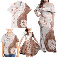 Bula Fiji Family Matching Off Shoulder Maxi Dress and Hawaiian Shirt Brown Plumeria Masi Tapa Pattern - Polynesian Pride