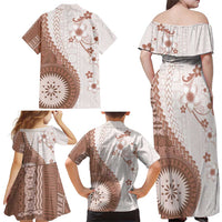 Bula Fiji Family Matching Off Shoulder Maxi Dress and Hawaiian Shirt Brown Plumeria Masi Tapa Pattern - Polynesian Pride