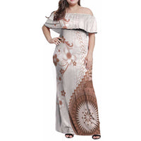 Bula Fiji Family Matching Off Shoulder Maxi Dress and Hawaiian Shirt Brown Plumeria Masi Tapa Pattern - Polynesian Pride