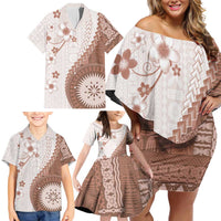 Bula Fiji Family Matching Off Shoulder Short Dress and Hawaiian Shirt Brown Plumeria Masi Tapa Pattern - Polynesian Pride