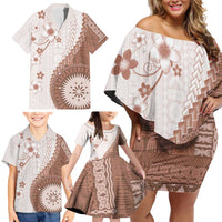 Bula Fiji Family Matching Off Shoulder Short Dress and Hawaiian Shirt Brown Plumeria Masi Tapa Pattern - Polynesian Pride
