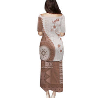 Bula Fiji Family Matching Puletasi and Hawaiian Shirt Brown Plumeria Masi Tapa Pattern LT05 - Polynesian Pride
