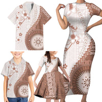 Bula Fiji Family Matching Short Sleeve Bodycon Dress and Hawaiian Shirt Brown Plumeria Masi Tapa Pattern - Polynesian Pride