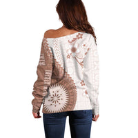 Bula Fiji Off Shoulder Sweater Brown Plumeria Masi Tapa Pattern LT05 - Polynesian Pride