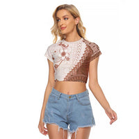 Bula Fiji Raglan Cropped T Shirt Brown Plumeria Masi Tapa Pattern - Polynesian Pride