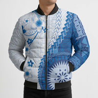 Bula Fiji Bomber Puffer Jacket Blue Plumeria Masi Tapa Pattern LT05 - Polynesian Pride