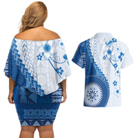 Bula Fiji Couples Matching Off Shoulder Short Dress and Hawaiian Shirt Blue Plumeria Masi Tapa Pattern - Polynesian Pride