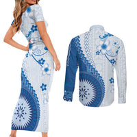 Bula Fiji Couples Matching Short Sleeve Bodycon Dress and Long Sleeve Button Shirt Blue Plumeria Masi Tapa Pattern LT05 - Polynesian Pride